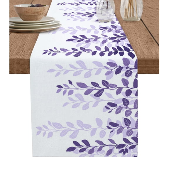 Table Runner 120 Inches Long for Kitchen Dining, Purple Ombre Botanical Dresser Scarf Farmhouse, Dining Table Decorations for Wedding/Parties, Watercolor Country Pastoral Leaf 13 x 120 In