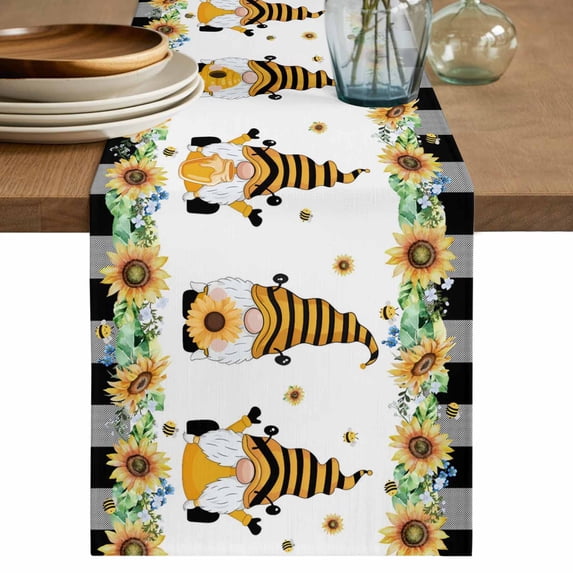 Table Runner 120 Inches Long for Kitchen Dining, Spring Bee Gnomes Dresser Scarf Farmhouse, Dining Table Decorations for Wedding/Parties, Sunflowers Black Checkered 13 x 120 In