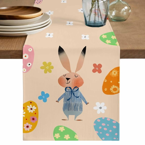 Table Runner 120 Inches Long for Kitchen Dining, Spring Easter Dresser Scarf Farmhouse, Dining Table Decorations for Wedding/Parties, Bunny Colorful Eggs Floral Beige 13 x 120 In