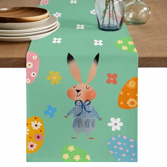 Table Runner 120 Inches Long for Kitchen Dining, Spring Easter Dresser Scarf Farmhouse, Dining Table Decorations for Wedding/Parties, Bunny Colorful Eggs Floral Green 13 x 120 In