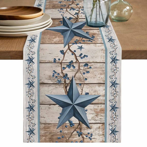 Table Runner 120 Inches Long for Kitchen Dining, Texas Star Rustic Dresser Scarf Farmhouse, Dining Table Decorations for Wedding/Parties, Country Blue Berry Brown Wooden Plank 13 x 120 In