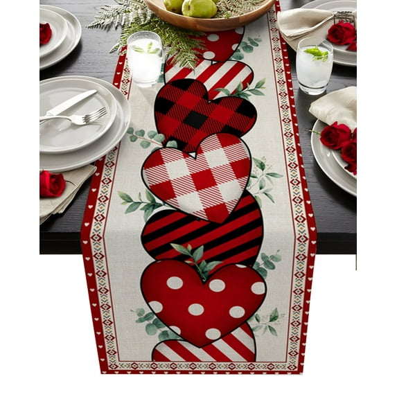 Table Runner 120 Inches Long for Kitchen Dining, Valentine's Day, Dresser Scarf Farmhouse, Dining Table Decorations for Wedding/Parties, Romantic Love Eucalyptus Boho Plaid Red Pink 13 x 120 In