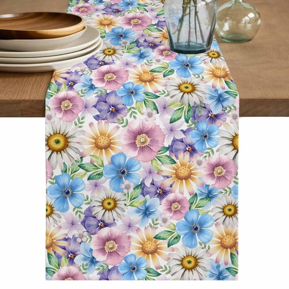 Table Runner 120 Inches Long for Kitchen Dining, Watercolor Flowers Dresser Scarf Farmhouse, Dining Table Decorations for Wedding/Parties, Spring Floral Daisy Botanical Rustic 13 x 120 In