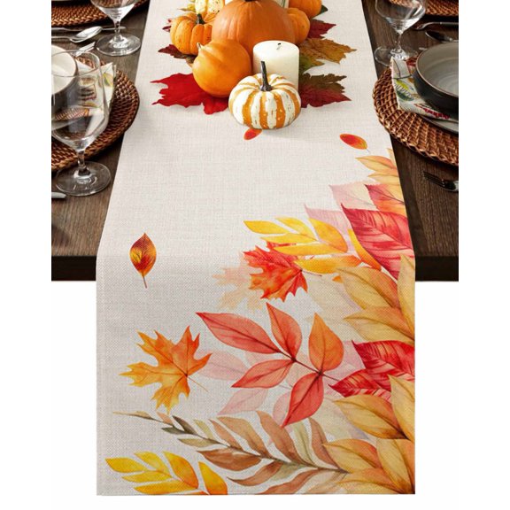 Table Runner 120 Inches Long, Thanksgiving Fall Autumn Leaf Plant Pumpkin Cotton Linen Table Runners Non-Slip Durable Dresser Scarves for Table Party Dinner Holiday Home Decor, 1 Pack