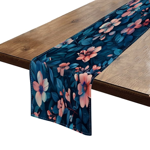 Table Runner 13*72 In,Set Of 1 Beautiful Floral Pattern With Flowers And Leaves On Blue Background High Density Cotton Linens Machine Washable Table Runner For Kitchen Dining Table Coffee Table Decor