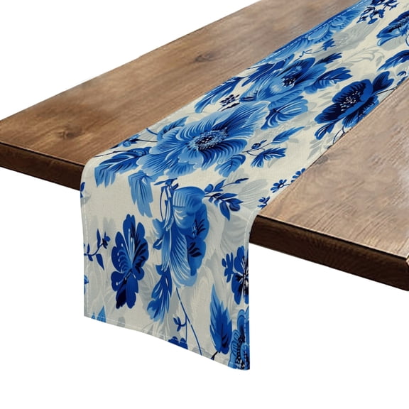 Table Runner 13*72 In,Set Of 1 Blue And White Floral Pattern Of Large Flowers Small Leaves High Density Cotton Linens Machine Washable Table Runner For Kitchen Dining Table Coffee Table Decor