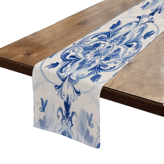 Table Runner 13*72 In,Set Of 1 Blue And White Porcelain With Water Drops With Traditional Chinese Elements High Density Cotton Linens Machine Washable Table Runner For Kitchen Dining Table Decor