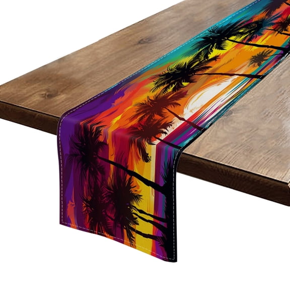 Table Runner 13*72 In,Set Of 1 Colorful Vector Illustration Of Palm Tree Silhouettes On The Beach High Density Cotton Linens Machine Washable Table Runner For Kitchen Dining Table Coffee Table Decor