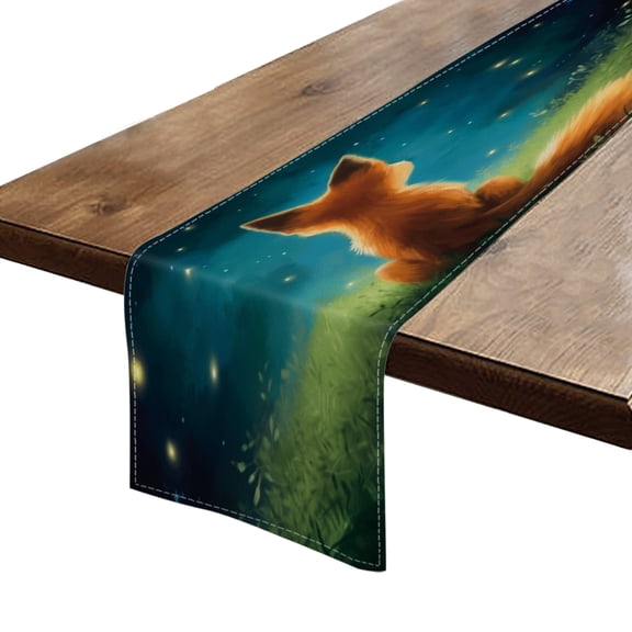 Table Runner 13*72 In,Set Of 1 Cute Fox Sits On The Grass And Gazing Up At The Stars In The Night Sky High Density Cotton Linens Machine Washable Table Runner For Kitchen Dining Table Decor