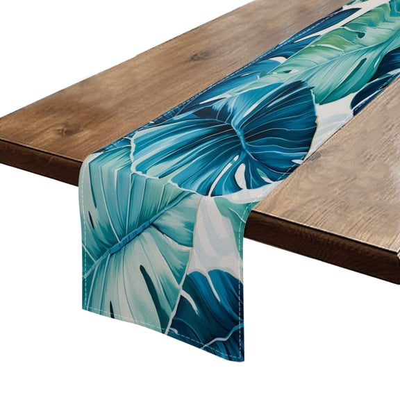 Table Runner 13*72 In,Set Of 1 Large Monstera Leaves Turquoise And Blue Tones On The White Background High Density Cotton Linens Machine Washable Table Runner For Kitchen Dining Table Decor
