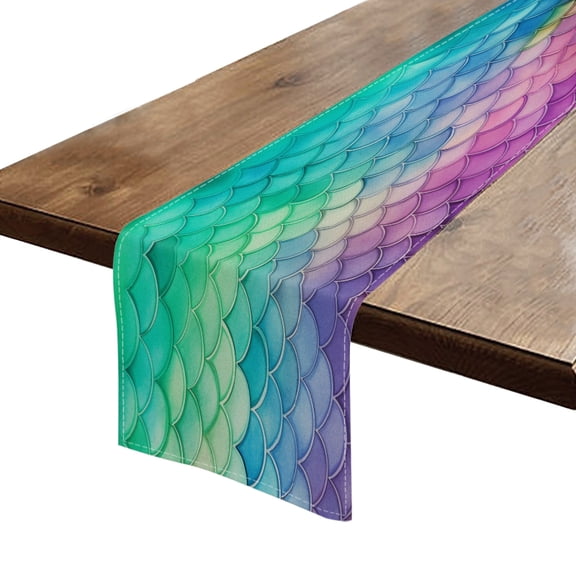Table Runner 13*72 In,Set Of 1 Mermaid Scales Pattern With Rainbow Pastel Colors And Watercolor Style High Density Cotton Linens Machine Washable Table Runner For Kitchen Dining Table Decor