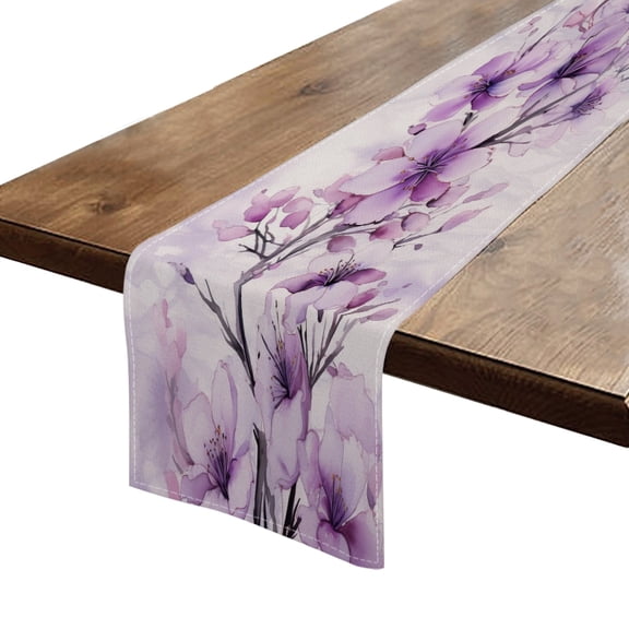 Table Runner 13*72 In,Set Of 1 Purple Cherry Blossoms With Delicate Brush Strokes Against White Background High Density Cotton Linens Machine Washable Table Runner For Kitchen Dining Table Decor