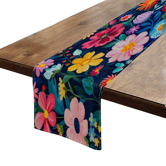 Table Runner 13*72 In,Set Of 1 Vibrant And Colorful Floral Pattern On Dark Blue Background High Density Cotton Linens Machine Washable Table Runner For Kitchen Dining Table Coffee Table Decor