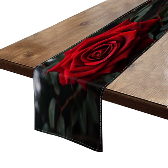 Table Runner 13*72 In,Set Of 1 Vibrant Red Rose With Dew Drops Symbolizing Love And Passion High Density Cotton Linens Machine Washable Table Runner For Kitchen Dining Table Coffee Table Decor