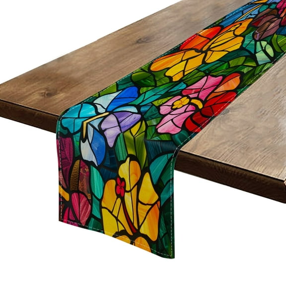 Table Runner 13*72 In,Set Of 1 Vibrant Stained Glass Pattern Featuring Array Of Colorful Flowers High Density Cotton Linens Machine Washable Table Runner For Kitchen Dining Table Coffee Table Decor