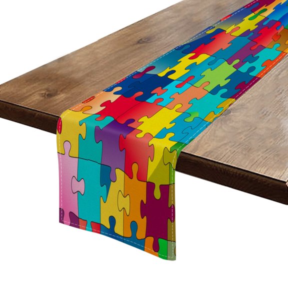 Table Runner 13*72 In,Set Of 1 Colorful Puzzle Background Vector Illustration With Large Jigsaw Pieces High Density Cotton Linens Machine Washable Table Runner For Kitchen Dining Table Decor