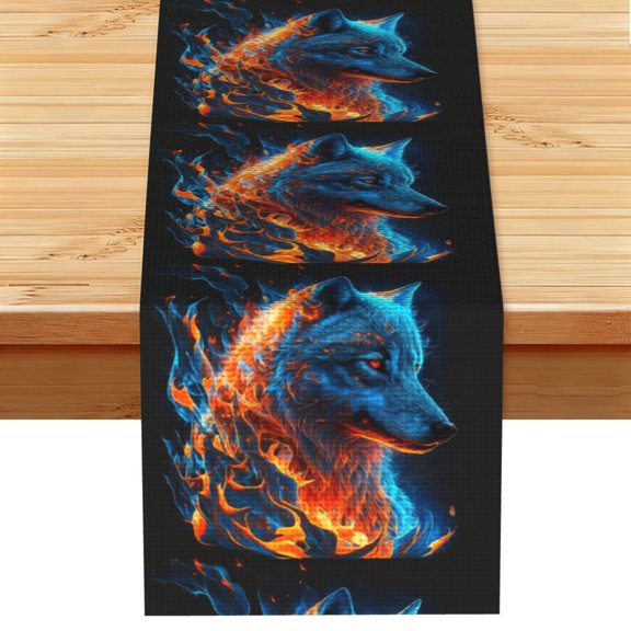 Table Runner 13 x 72 Inch Table Scarf for Dining Room, Dresser, Mantel, Holiday Decor, Blue Fire Flaming Wolf Cool