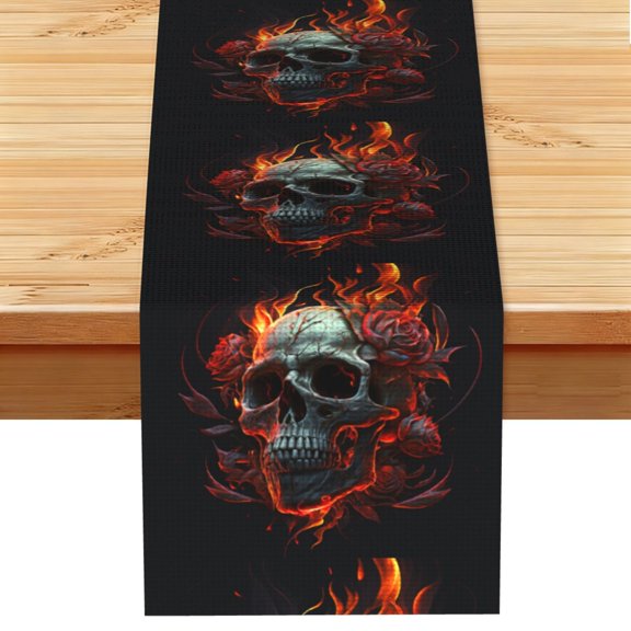 Table Runner 13 x 72 Inch Table Scarf for Dining Room, Dresser, Mantel, Holiday Decor, Ghost Fire Skull Burning Roses