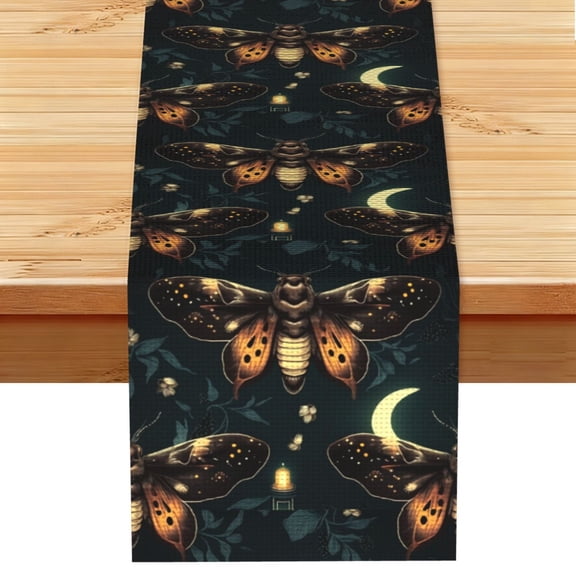 Table Runner 13 x 72 Inch Table Scarf for Dining Room, Dresser, Mantel, Holiday Decor, Hawk Moth Fireflies Death Head Moon