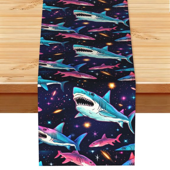 Table Runner 13 x 72 Inch Table Scarf for Dining Room, Dresser, Mantel, Holiday Decor, Laser Shark Space Funny Dinosaur Starry