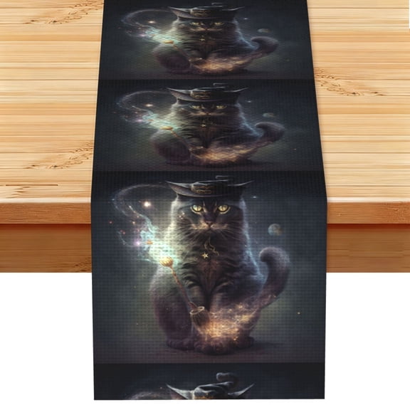 Table Runner 13 x 72 Inch Table Scarf for Dining Room, Dresser, Mantel, Holiday Decor, Magic Cat Witch