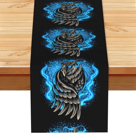 Table Runner 13 x 72 Inch Table Scarf for Dining Room, Dresser, Mantel, Holiday Decor, Owl Blue Flaming Fire