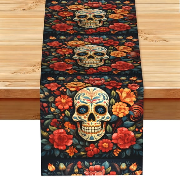Table Runner 13 x 72 Inch Table Scarf for Dining Room, Dresser, Mantel, Holiday Decor, Skull Day Of The Dead Gothic Skull Flowers
