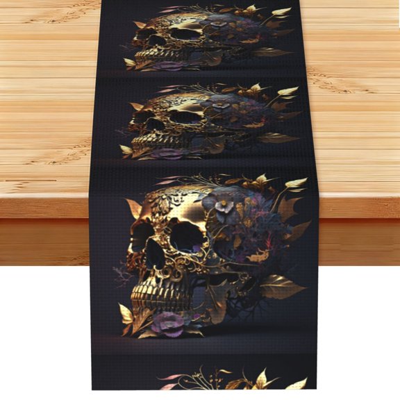 Table Runner 13 x 72 Inch Table Scarf for Dining Room, Dresser, Mantel, Holiday Decor, Skull Floral Gold Death
