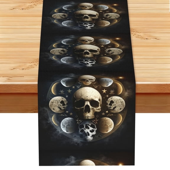 Table Runner 13 x 72 Inch Table Scarf for Dining Room, Dresser, Mantel, Holiday Decor, Skull Head Magic Moon Phases