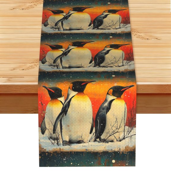 Table Runner 13 x 72 Inch Table Scarf for Dining Room, Dresser, Mantel, Holiday Decor, Snow Penguins Retro
