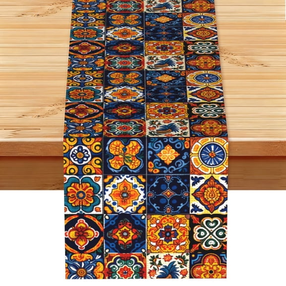 Table Runner 13 x 72 Inch Table Scarf for Dining Room, Dresser, Mantel, Holiday Decor, Talavera Mexican Tiles