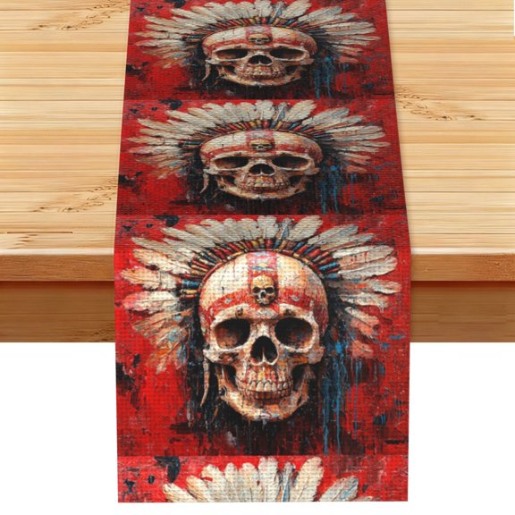 Table Runner 13 x 72 Inch Table Scarf for Dining Room, Dresser, Mantel, Holiday Decor, Tribal Chief Skull Red