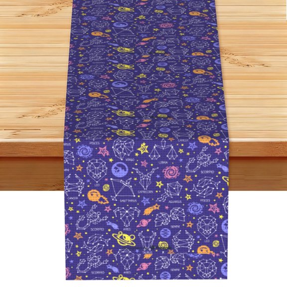 Table Runner 13 x 72 Inch Table Scarf for Dining Room, Dresser, Mantel, Holiday Decor, Zodiac Signs Space Astrology
