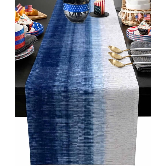 Table Runner 13x120inch Gradient Navy Blue-White Country Waterproof Table Cloth Holiday Kitchen Dining Table Decorations for Indoor Outdoor Home Party Coffee