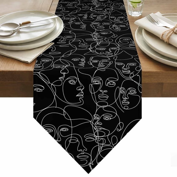 Table Runner 13x36 Inches Long Abstract Human Face Runner for Table Aesthetic Portrait Lines Black Table Runners Cotton Linen Dresser Scarf for Kitchen Holiday Party Home Decor Inndoor Outdoor