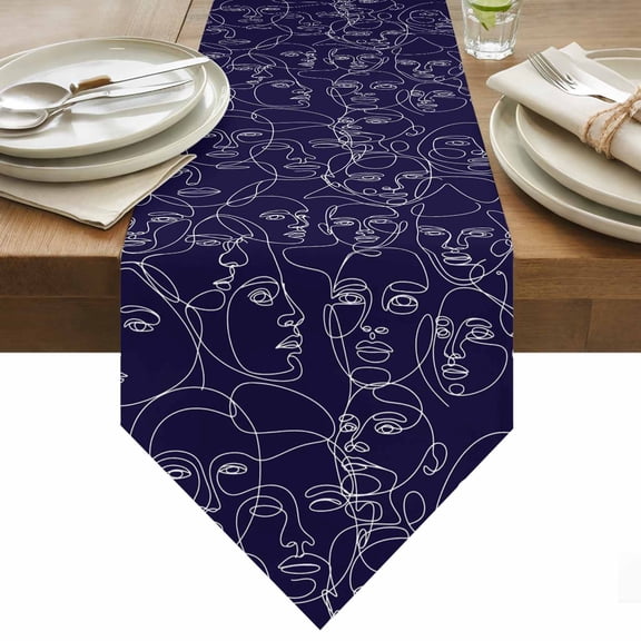 Table Runner 13x36 Inches Long Abstract Human Face Runner for Table Aesthetic Portrait Lines Blue Table Runners Cotton Linen Dresser Scarf for Kitchen Holiday Party Home Decor Inndoor Outdoor