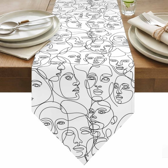 Table Runner 13x36 Inches Long Abstract Human Face Runner for Table Aesthetic Portrait Lines Table Runners Cotton Linen Dresser Scarf for Kitchen Holiday Party Home Decor Inndoor Outdoor