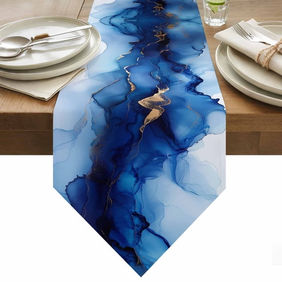 Table Runner 13x36 Inches Long Abstract Ombre Blue Marble Runner for Table White Modern Art Table Runners Cotton Linen Dresser Scarf for Kitchen Holiday Party Home Decor Inndoor Outdoor
