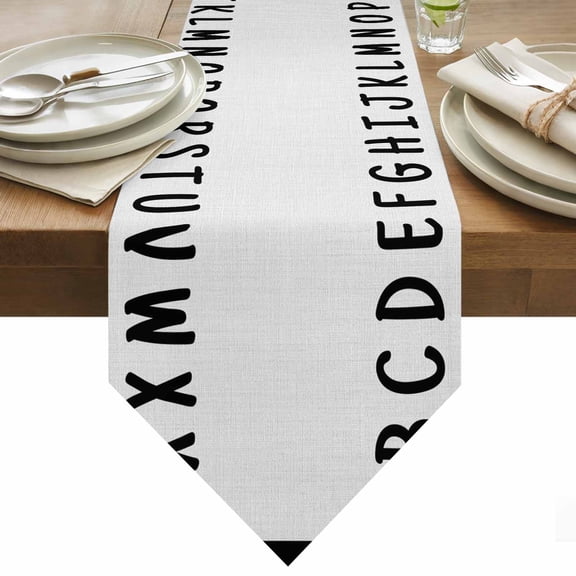 Table Runner 13x36 Inches Long Alphabet Runner for Table White Modern Minimalist Letter Table Runners Cotton Linen Dresser Scarf for Kitchen Holiday Party Home Decor Inndoor Outdoor