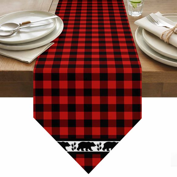 Table Runner 13x36 Inches Long Bear Footprints Red Buffalo Plaid Runner for Table Forest Animals Table Runners Cotton Linen Dresser Scarf for Kitchen Holiday Party Home Decor Inndoor Outdoor