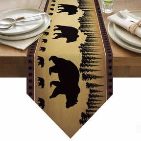 Table Runner 13x36 Inches Long Bear Pine Tree Runner for Table Vintage Farmhouse Animal Table Runners Cotton Linen Dresser Scarf for Kitchen Holiday Party Home Decor Inndoor Outdoor