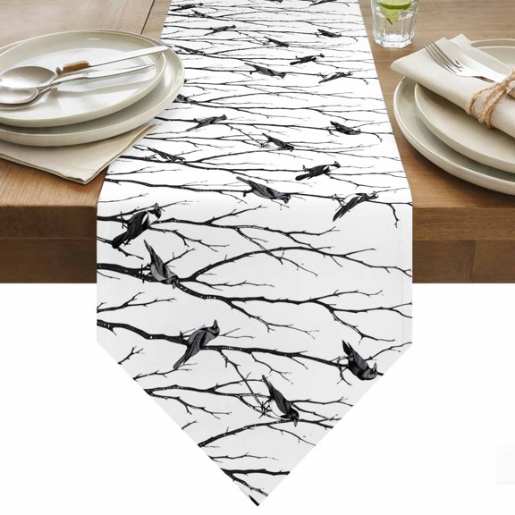 Table Runner 13x36 Inches Long Bird Branches Runner for Table Black Leaves Tree Table Runners Cotton Linen Dresser Scarf for Kitchen Holiday Party Home Decor Inndoor Outdoor
