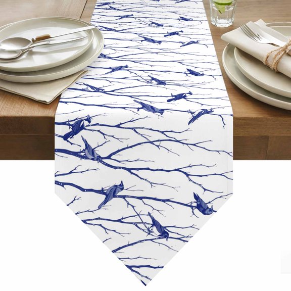 Table Runner 13x36 Inches Long Bird Branches Runner for Table Blue Leaves Tree Table Runners Cotton Linen Dresser Scarf for Kitchen Holiday Party Home Decor Inndoor Outdoor