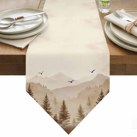 Table Runner 13x36 Inches Long Bird Forest Runner for Table Mountain Tree Nature Woods Table Runners Cotton Linen Dresser Scarf for Kitchen Holiday Party Home Decor Inndoor Outdoor