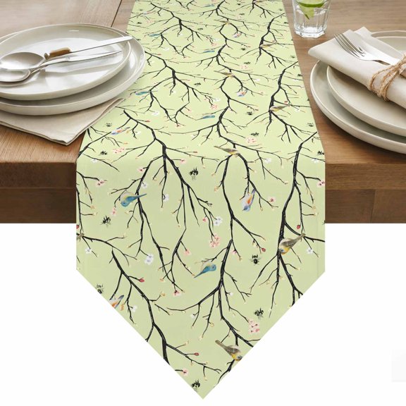 Table Runner 13x36 Inches Long Bird Runner for Table Vintage Floral Tree Branch Green Table Runners Cotton Linen Dresser Scarf for Kitchen Holiday Party Home Decor Inndoor Outdoor