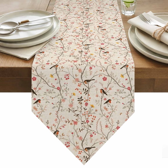 Table Runner 13x36 Inches Long Bird Tree Branch Runner for Table Beige Floral Leaves Table Runners Cotton Linen Dresser Scarf for Kitchen Holiday Party Home Decor Inndoor Outdoor