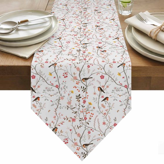 Table Runner 13x36 Inches Long Bird Tree Branch Runner for Table Grey Floral Leaves Table Runners Cotton Linen Dresser Scarf for Kitchen Holiday Party Home Decor Inndoor Outdoor