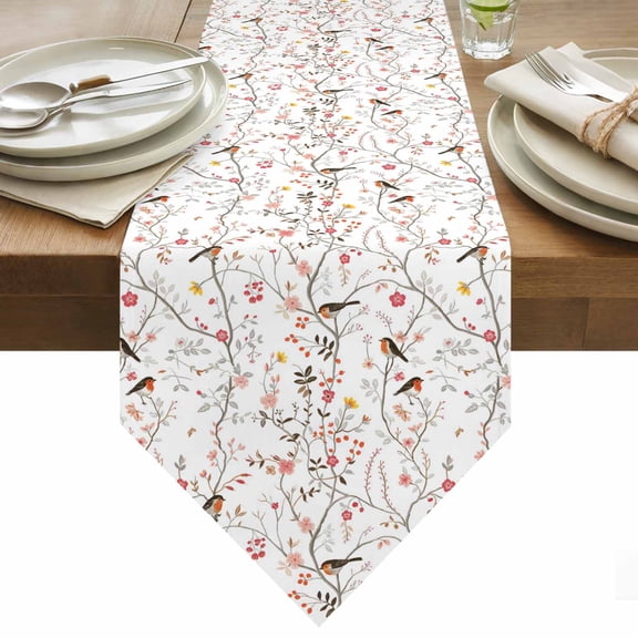 Table Runner 13x36 Inches Long Bird Tree Branch Runner for Table Pink Floral Leaves Table Runners Cotton Linen Dresser Scarf for Kitchen Holiday Party Home Decor Inndoor Outdoor