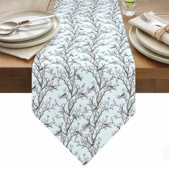 Table Runner 13x36 Inches Long Bird Tree Branches Runner for Table Blue Retro Leaves Table Runners Cotton Linen Dresser Scarf for Kitchen Holiday Party Home Decor Inndoor Outdoor