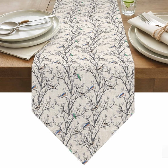 Table Runner 13x36 Inches Long Bird Tree Branches Runner for Table Retro Leaves Linen Table Runners Cotton Linen Dresser Scarf for Kitchen Holiday Party Home Decor Inndoor Outdoor